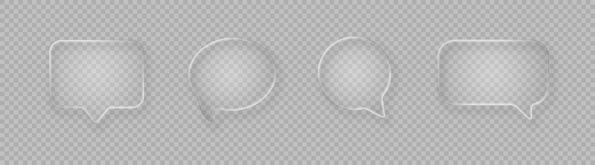 Set of realistic glossy glass speech bubbles in liquid glass style isolated on light background. vector