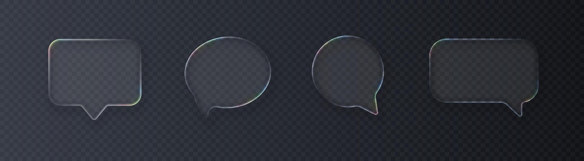 Set of realistic glossy glass speech bubbles in liquid glass style with refraction effect, isolated on dark background. vector