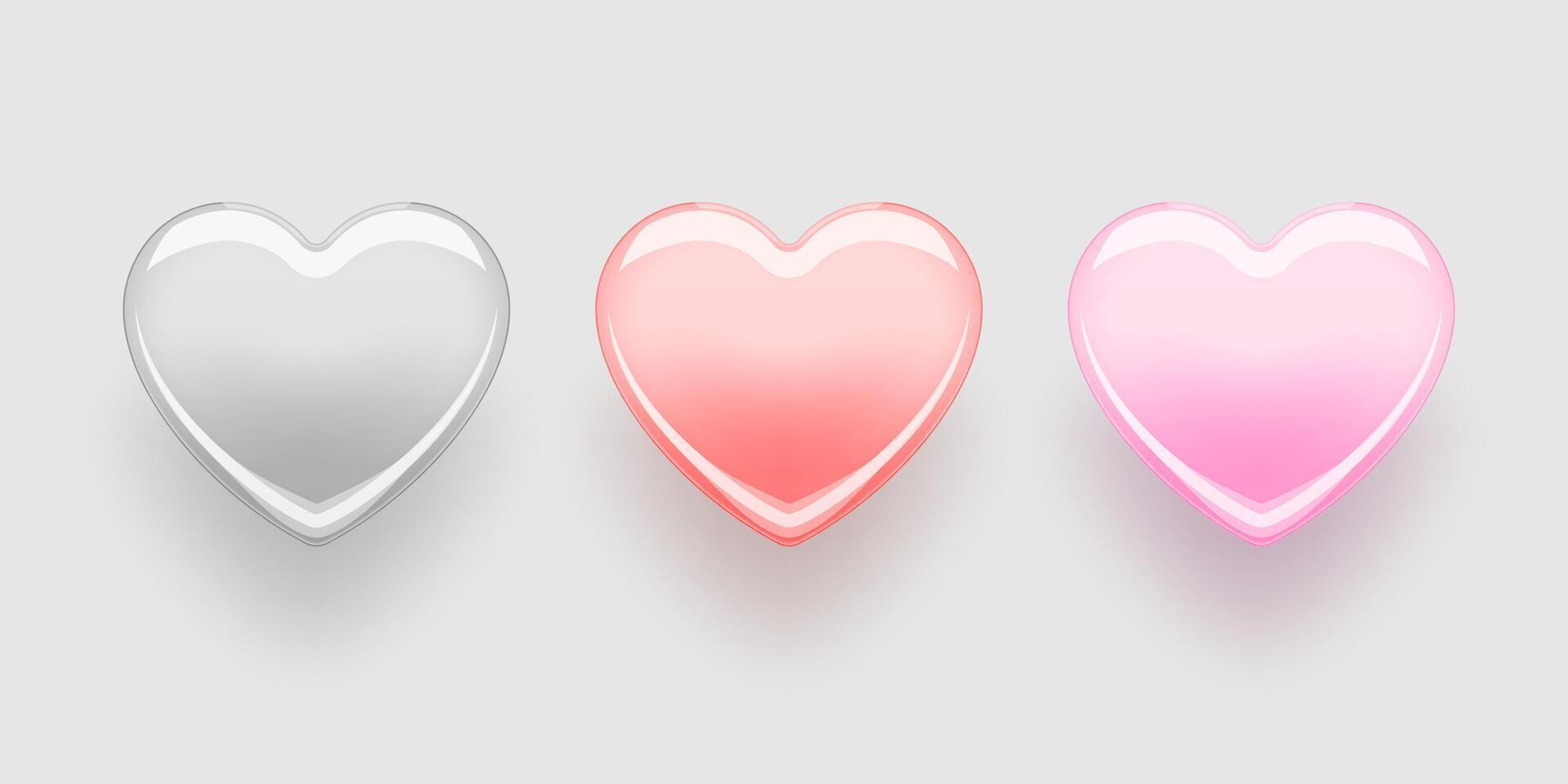 Set of realistic transparent hearts. Romantic glossy glass heart isolated on light background. vector