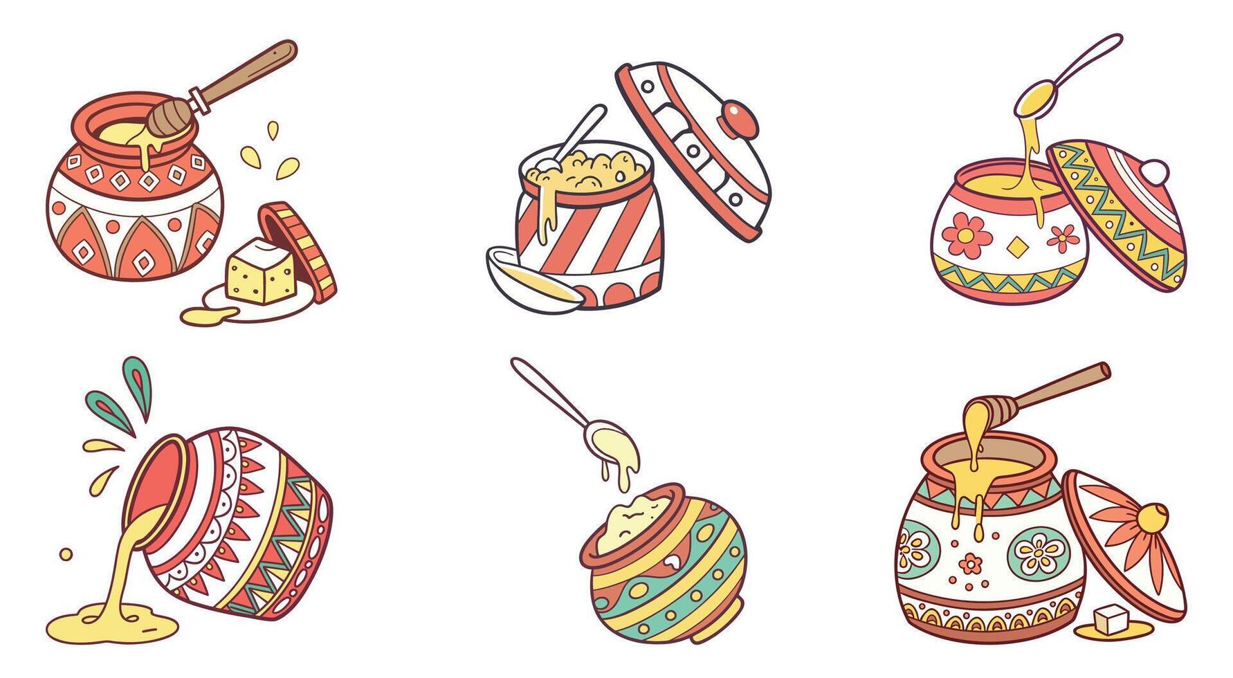 Collection of Indian Cooking Pot and Spoon for Cultural Festival Janmashtami vector