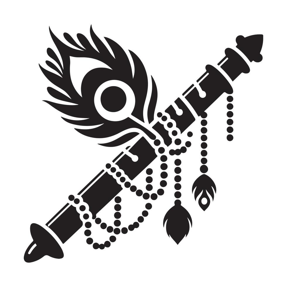 Decorative Krishna Flute with Feather Silhouette vector