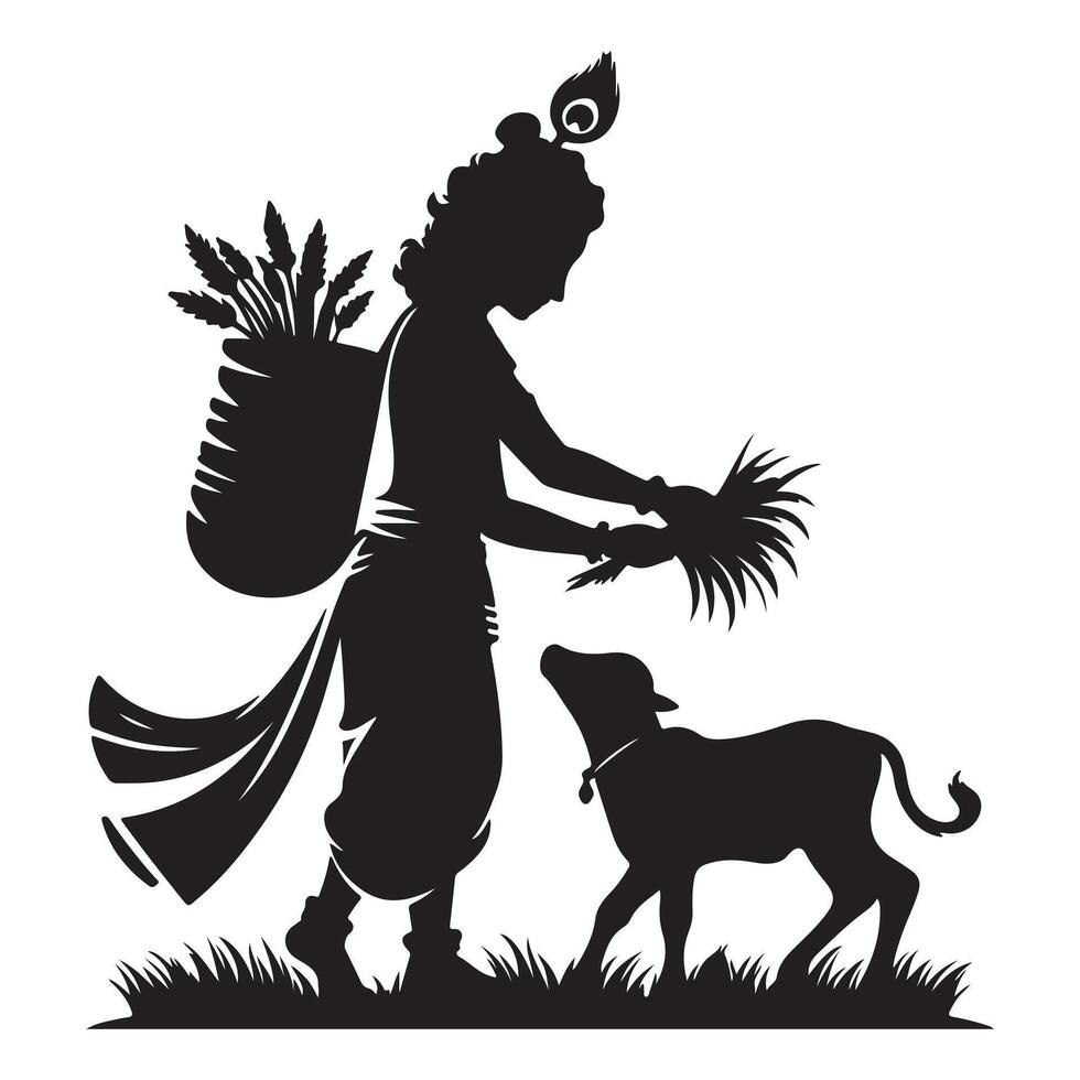 Silhouette icon of Krishna feeding grass to a calf vector