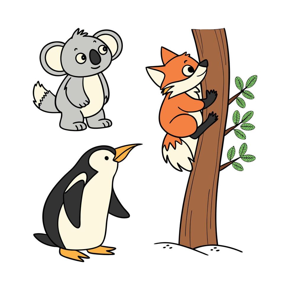 Playful Penguin and Fox in Forest Cartoon design vector