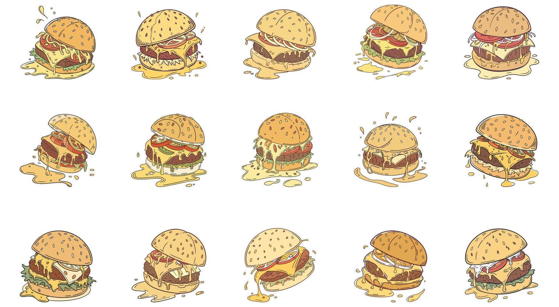 Burger Set Featuring Various Styles of Fast Food Illustrations vector