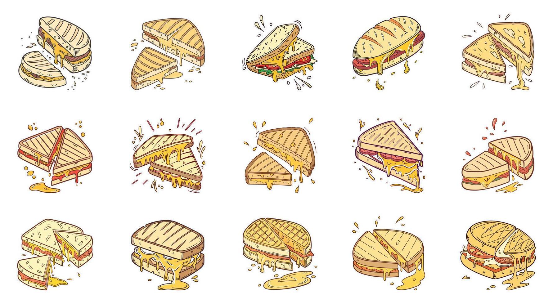 Collection of cheesy sandwich bursting with gooey cheddar cartoon drawing on white background vector