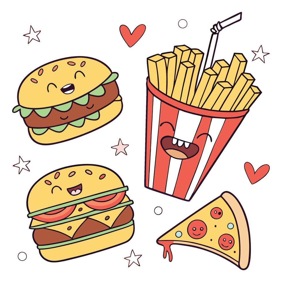 Cute Cartoon Burgers, Fries, and Pizza vector