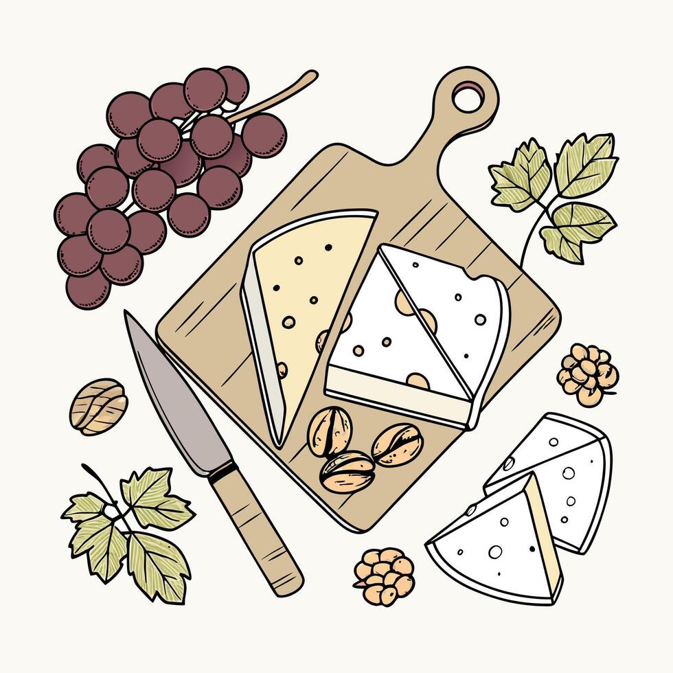 Rustic Cheese Pieces on Wooden Tray vector