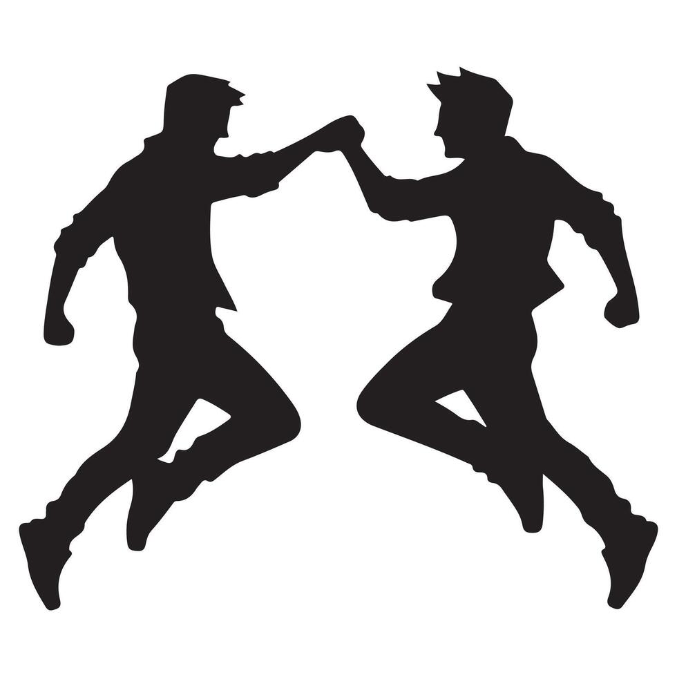 Silhouette icon of two people jumping in air with hands raised joyful celebration of friendship vector