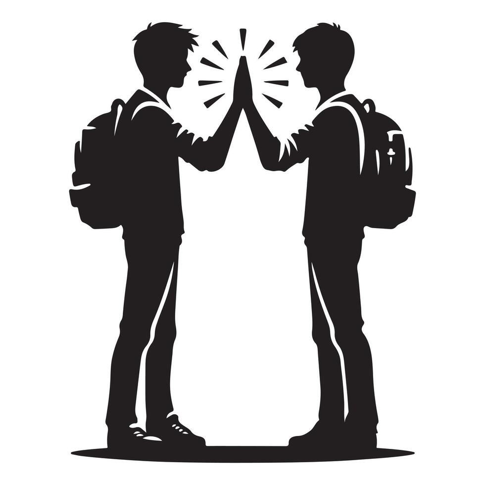 Two Schoolboys Giving High Five Silhouette friendship day celebration vector