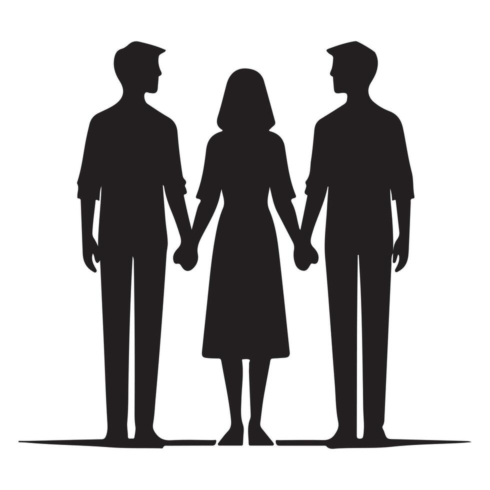 Silhouette of three individuals holding hands depicting inclusivity friendship day celebration vector
