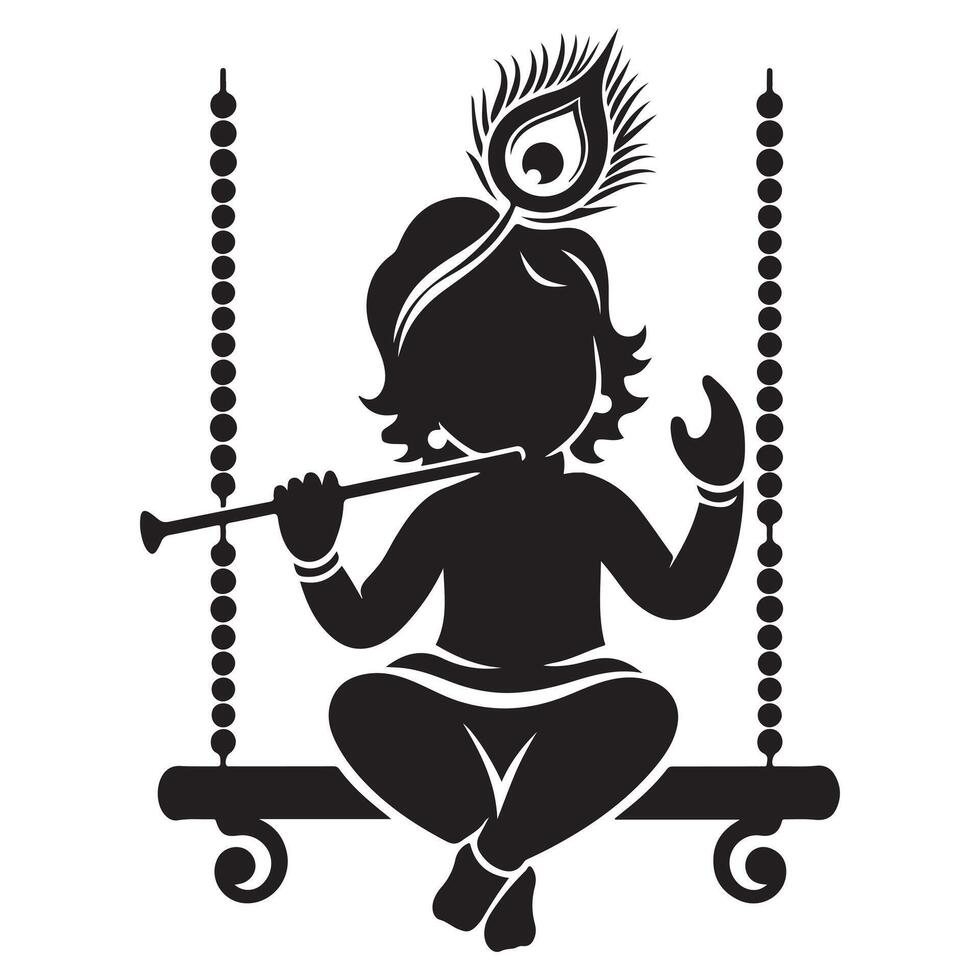 Baby Krishna Sitting Peacefully with Flute silhouette design vector