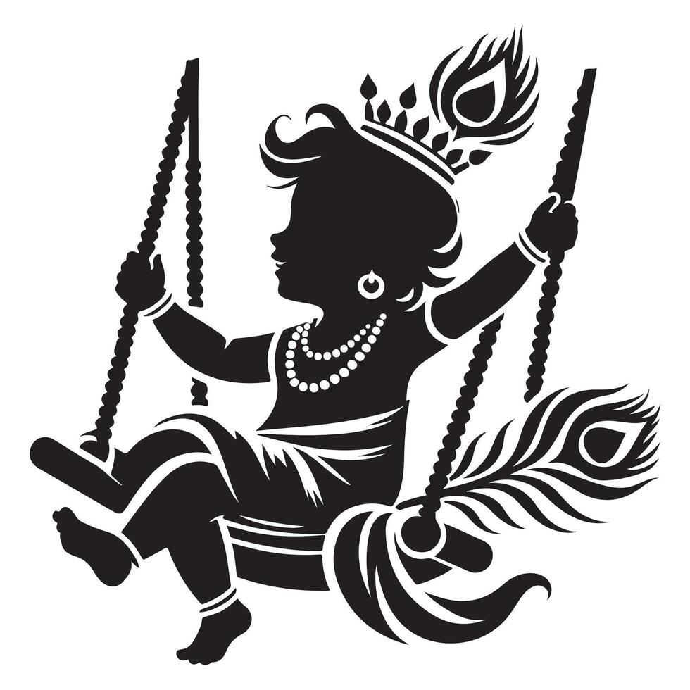Krishna on Swing with Peacock Feather silhouette design vector