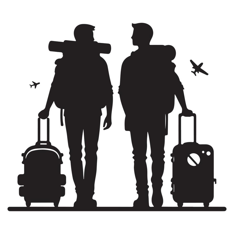 Traveling companions with luggage and backpack, silhouette against the sky with airplanes vector