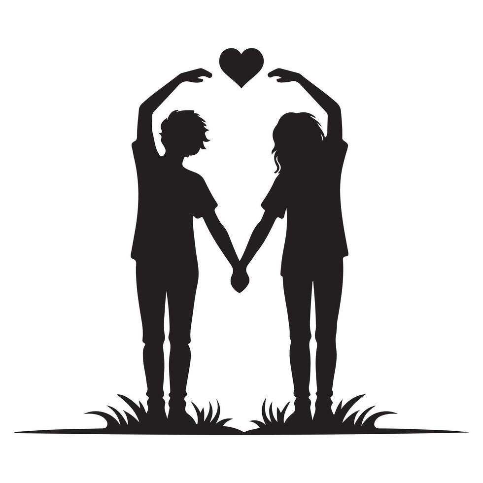 Silhouette of Couple Holding Hands with Heart Above friendship day vector