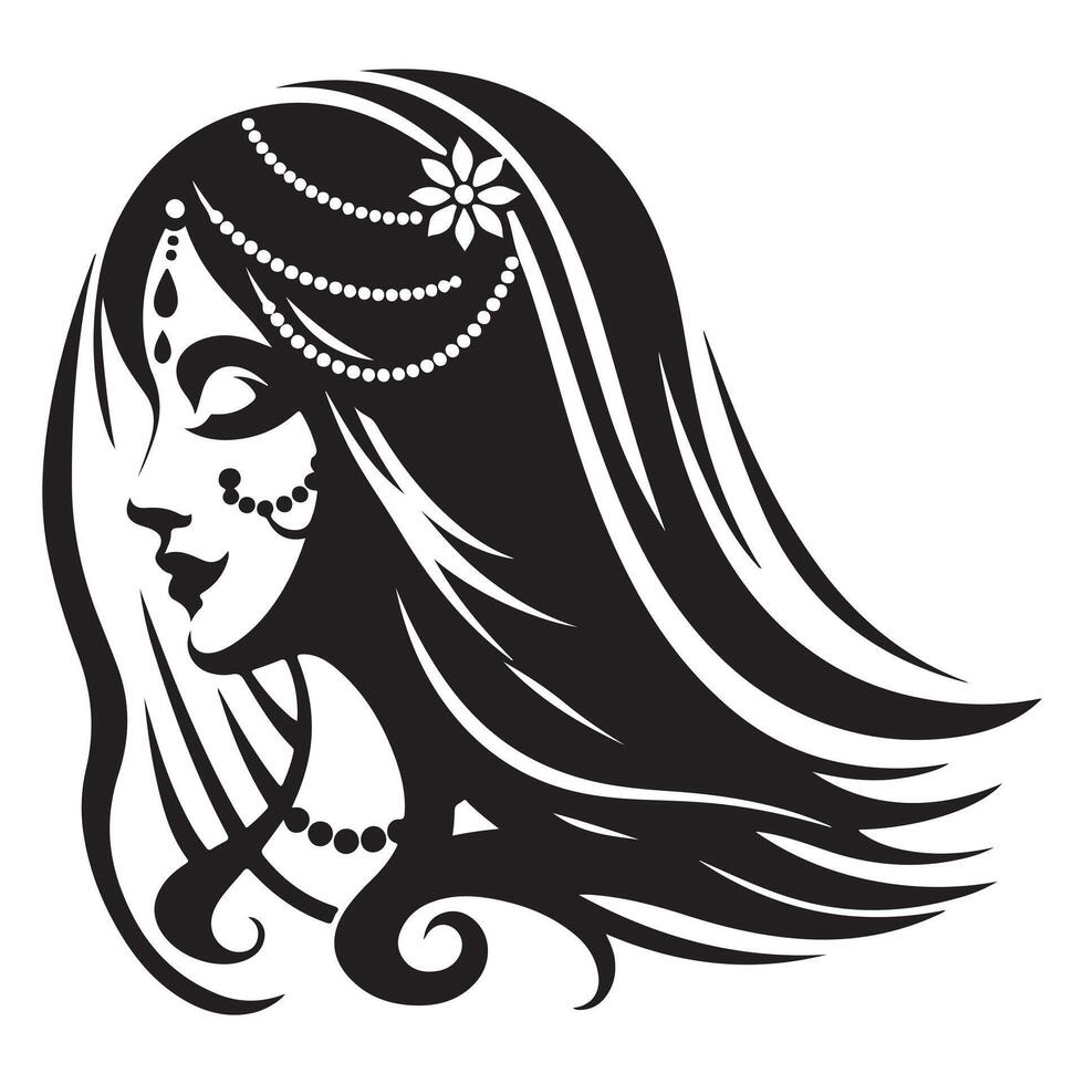 Silhouette icon of Radha side face with veil long hair and bindi elegant minimal black icon vector