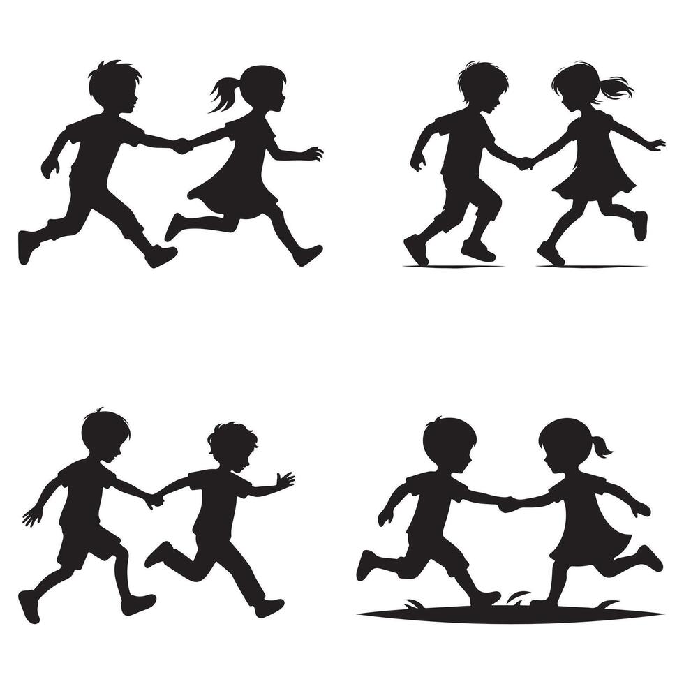 Silhouette icon of two kids running side by side one reaching out to hold the other's hand childhood friendship vector