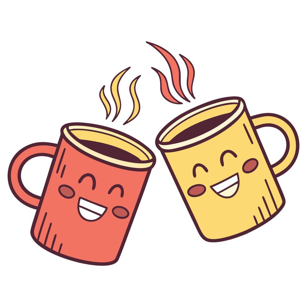 Two cheerful coffee mugs clinking together friendship day celebration vector