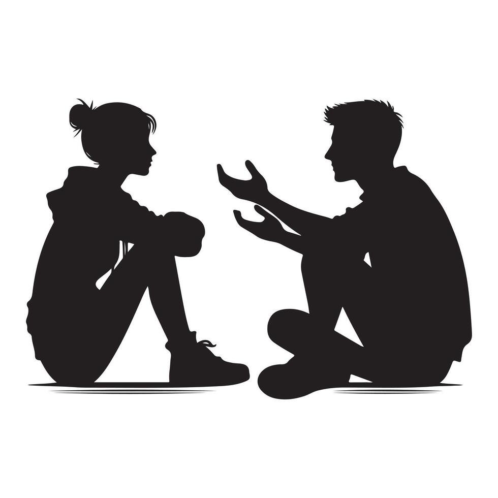 Silhouette of two people sitting cross-legged facing each other deep conversation pose vector