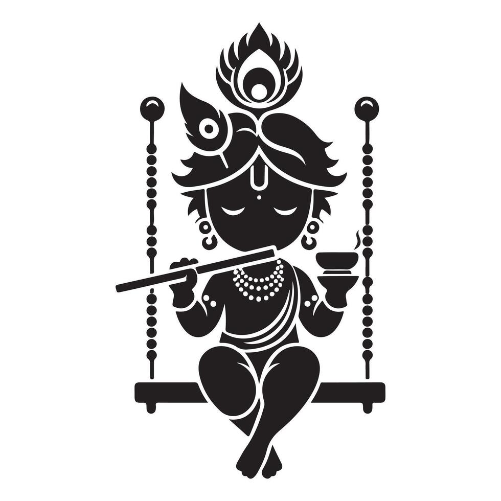 Krishna Playing Flute on Decorative Swing silhouette vector