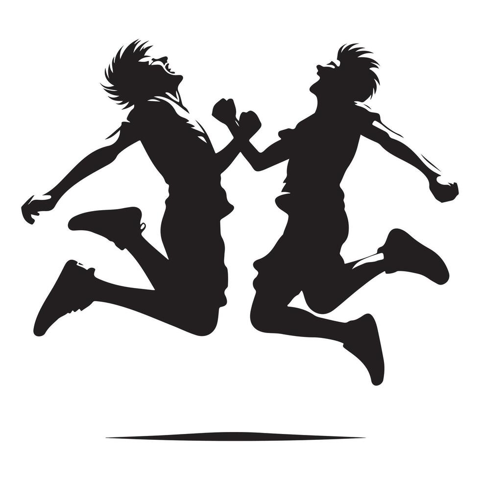 Silhouette two people jumping in air with hands raised joyful celebration of friendship vector