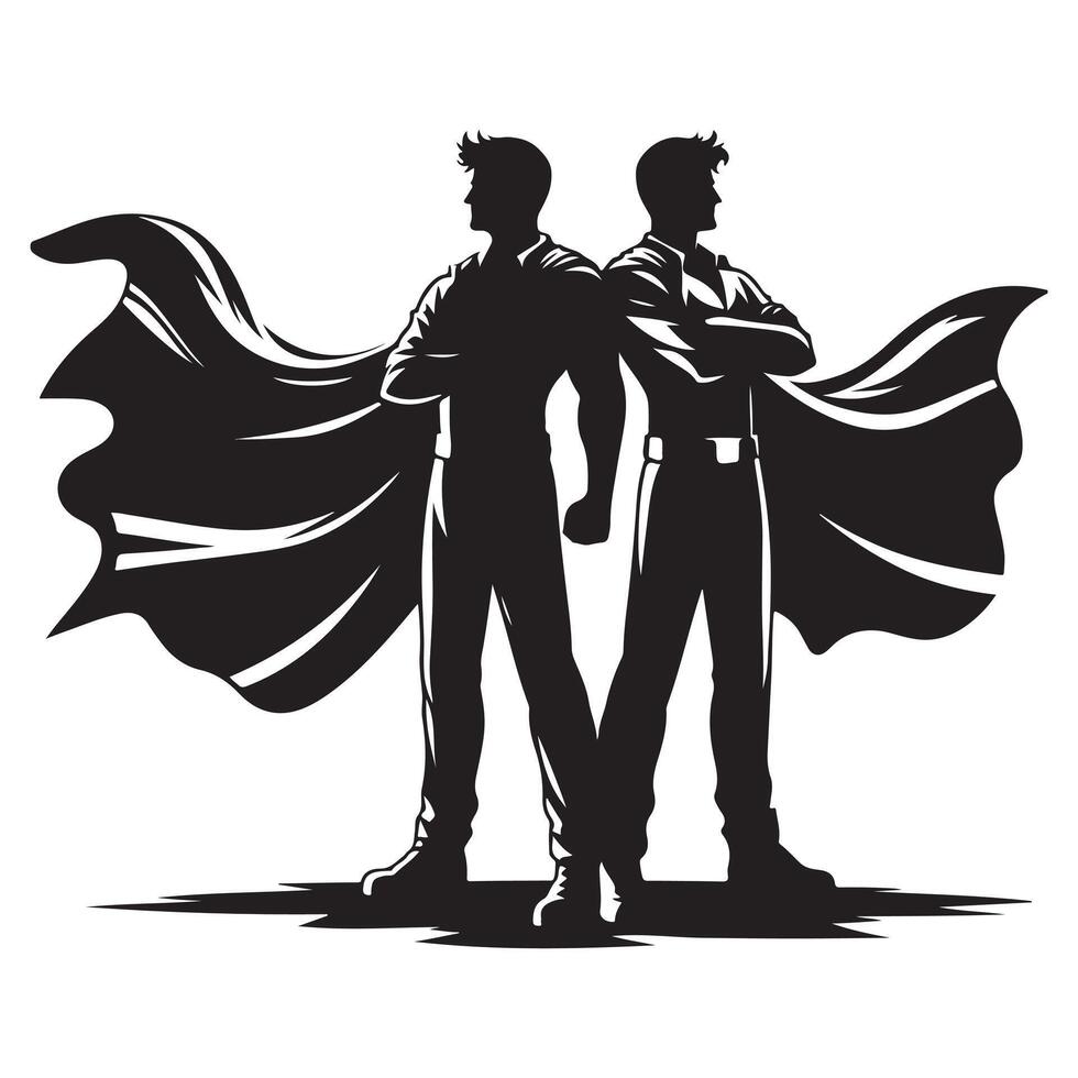 Silhouette of two friends back to back with superhero capes flowing representing each other hero vector