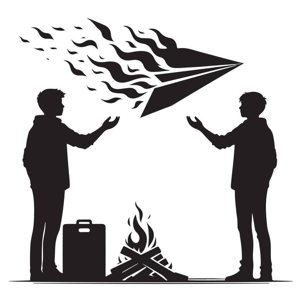 Silhouette of Two Friends Handshaking at Campfire Adventure vector