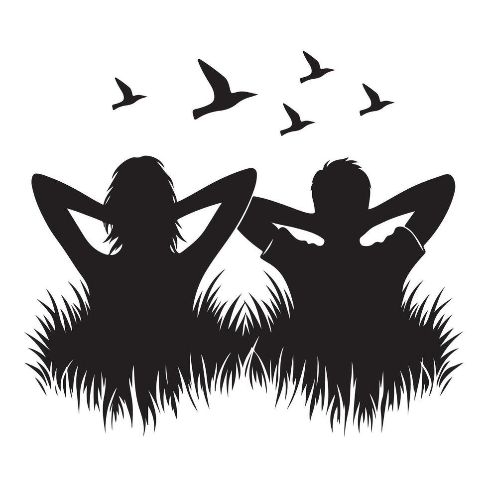 Silhouette Friends Relaxing on Grass Watching Birds Together vector