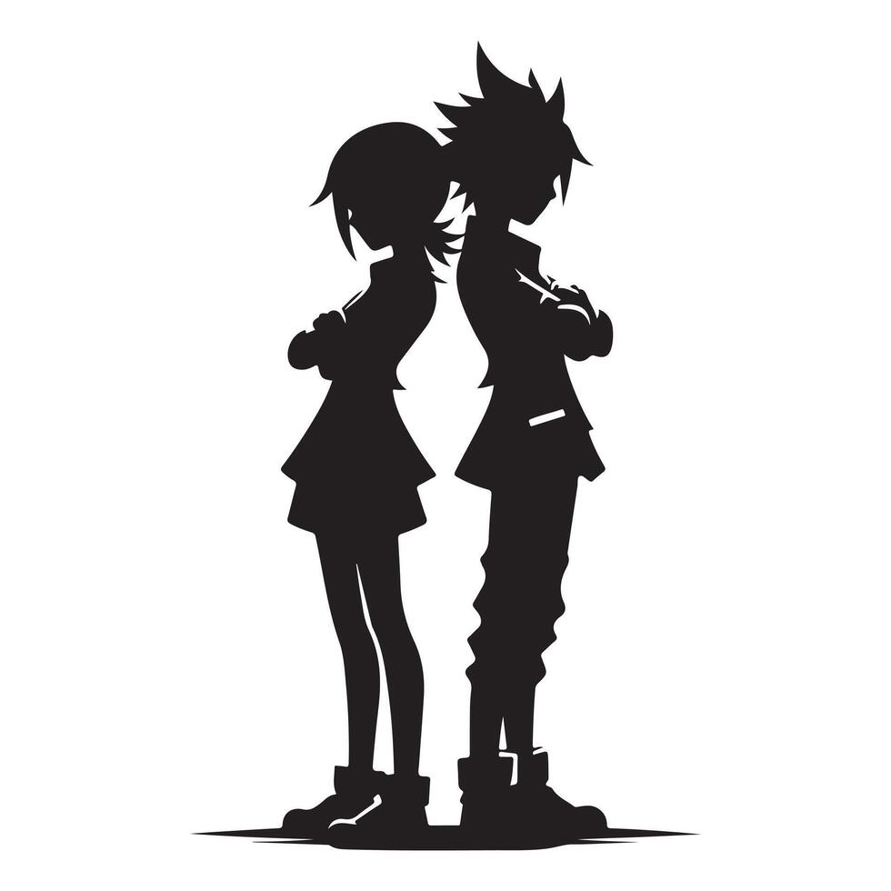 Chibi Friends Arms Crossed Silhouette black and white design vector