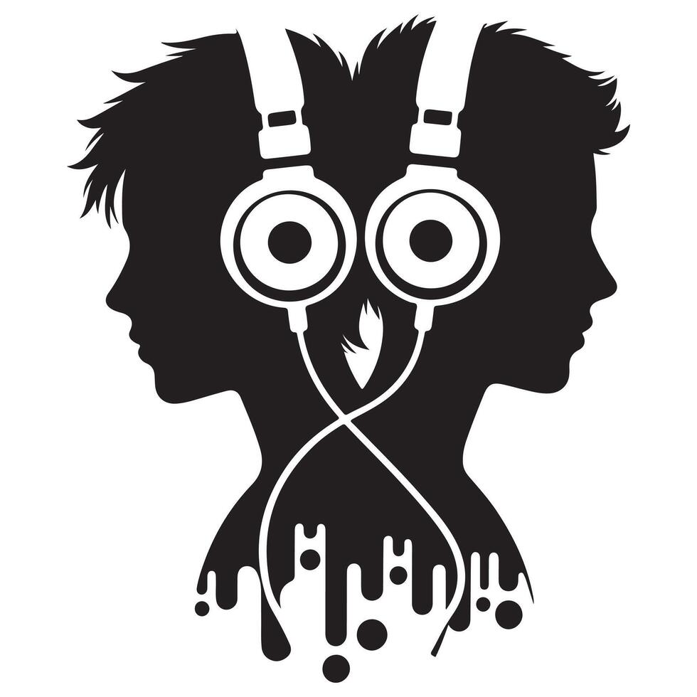 Best Friends Listening to Music Together Silhouette design vector