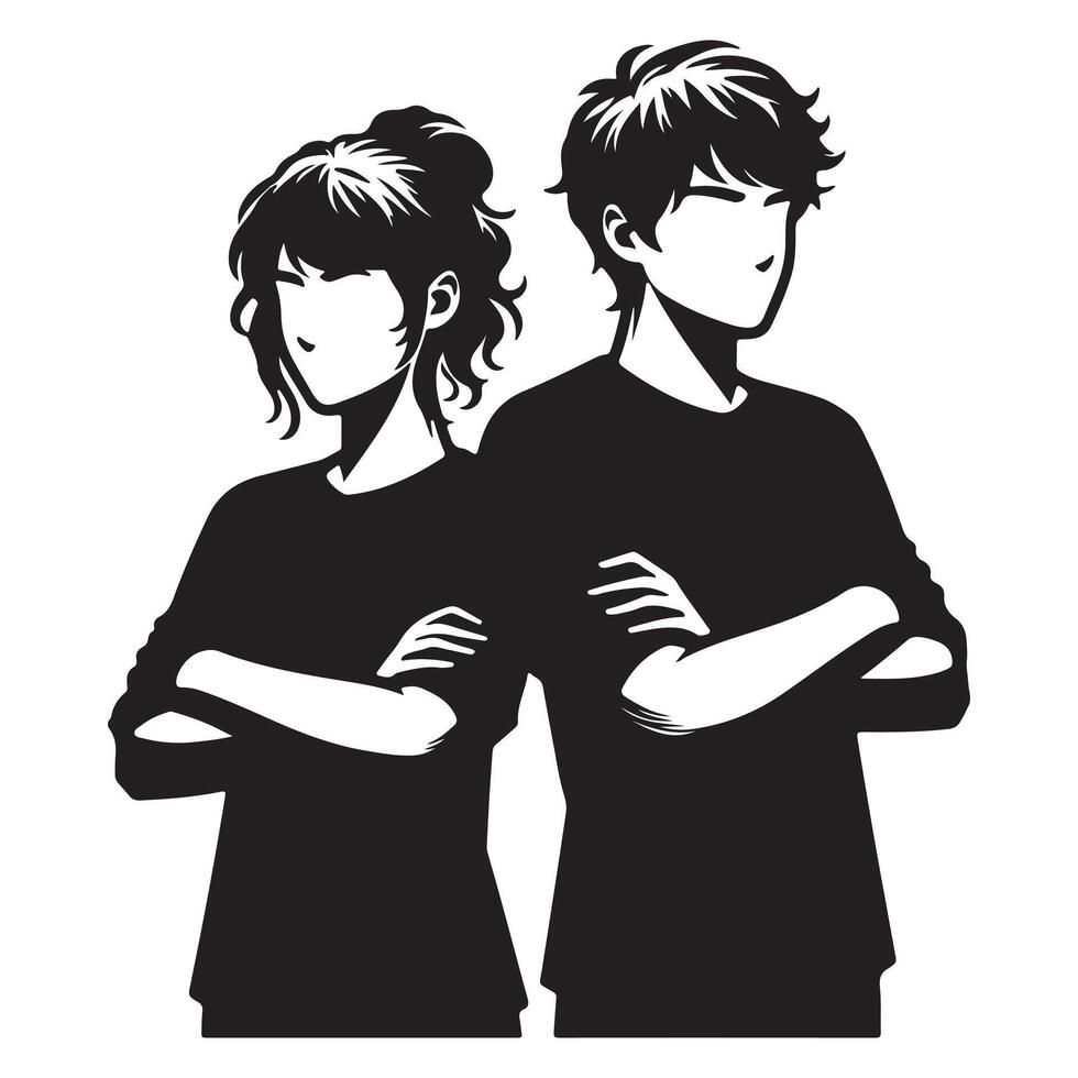 Chibi Friends Arms Crossed Silhouette with Attitude black and white design vector