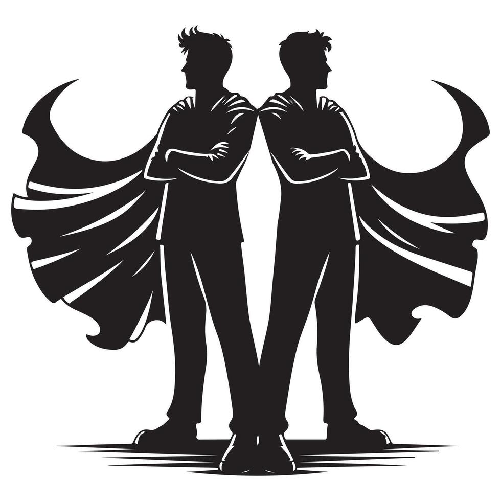 Silhouette of two friends back to back with superhero capes flowing representing each other hero design vector