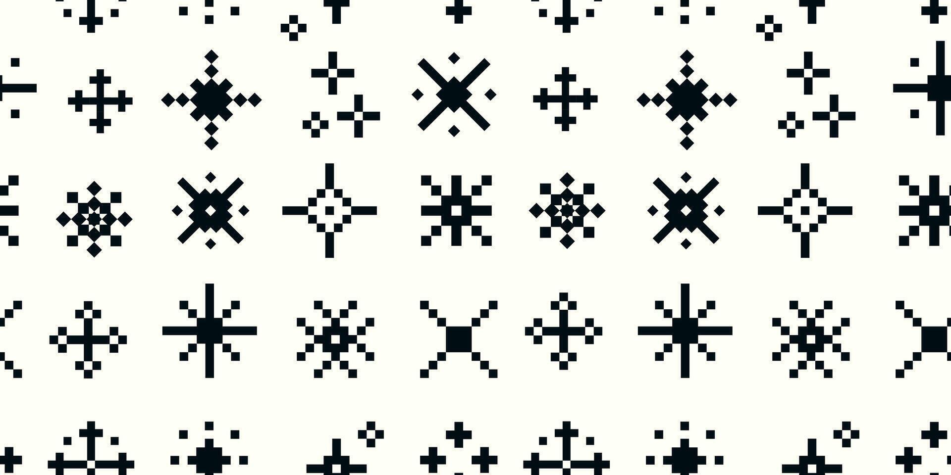 Repeating pattern of abstract geometric pixel shapes in black on a white background with symmetrical and grid based digital designs. illustration vector