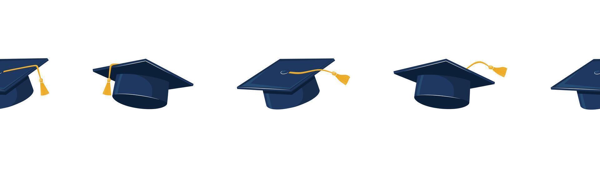 Horizontal Row Of Blue Academic Graduation Hats With Tassels. Educational Celebration Theme For Header, Poster, And Wallpaper. Graduation Concept. vector