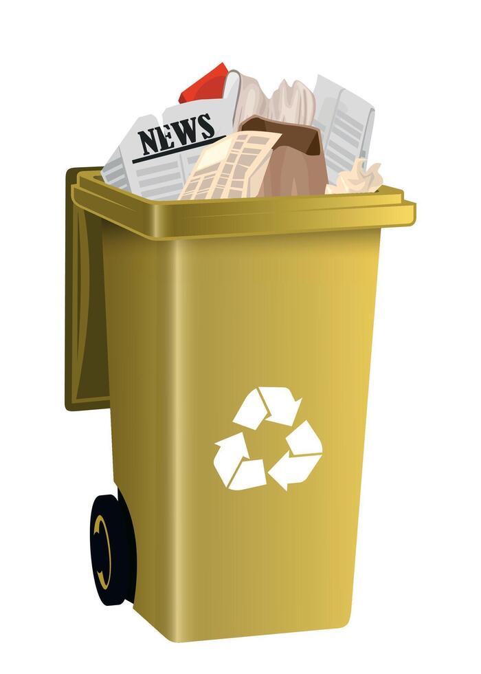 yellow plastic trash container with garbage inside isolated on white background vector