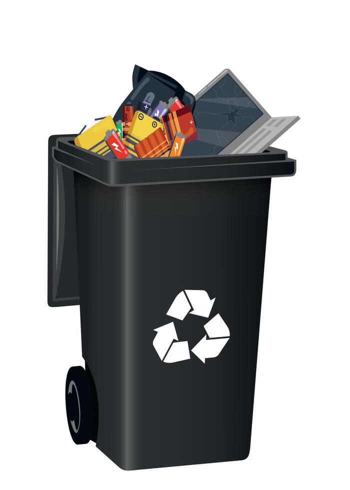 black plastic trash container with garbage inside isolated on white background vector