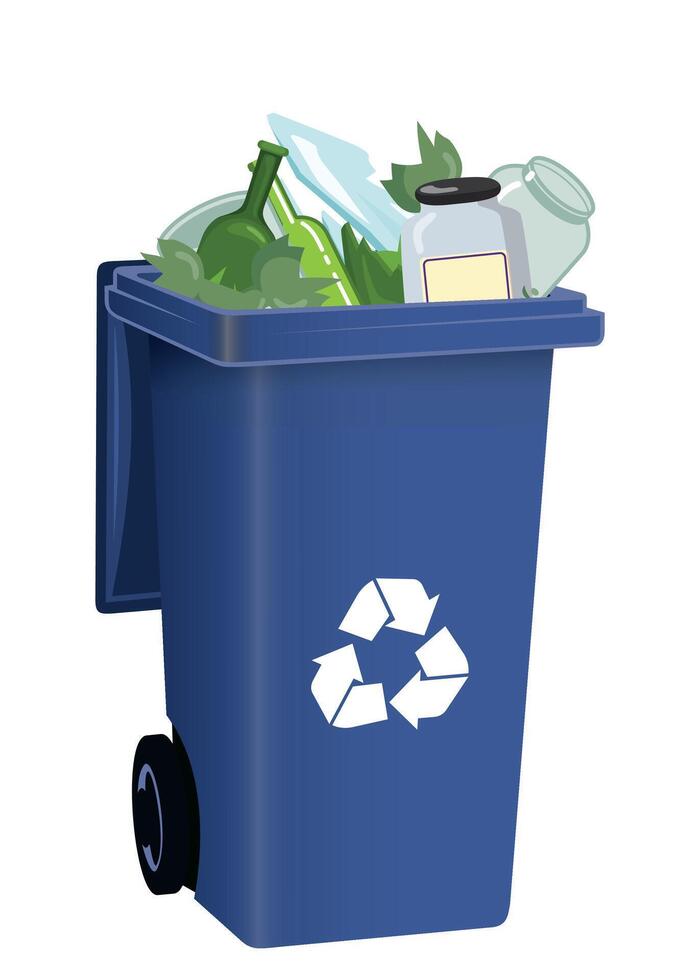 blue plastic trash container with garbage inside isolated on white background vector