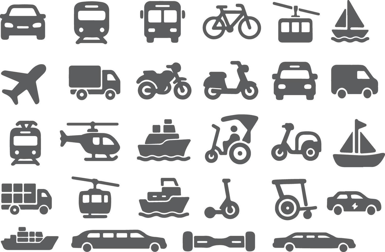 Diverse vehicles transportation modes icons train bicycle vector