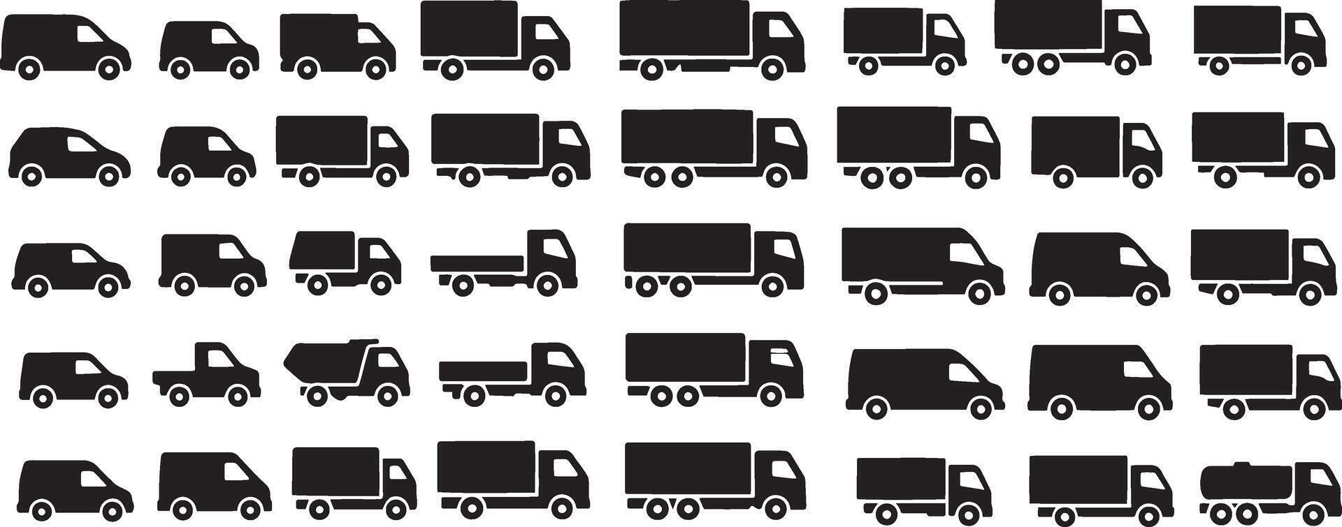 Various trucks and vans in black silhouette lorry cargo vector