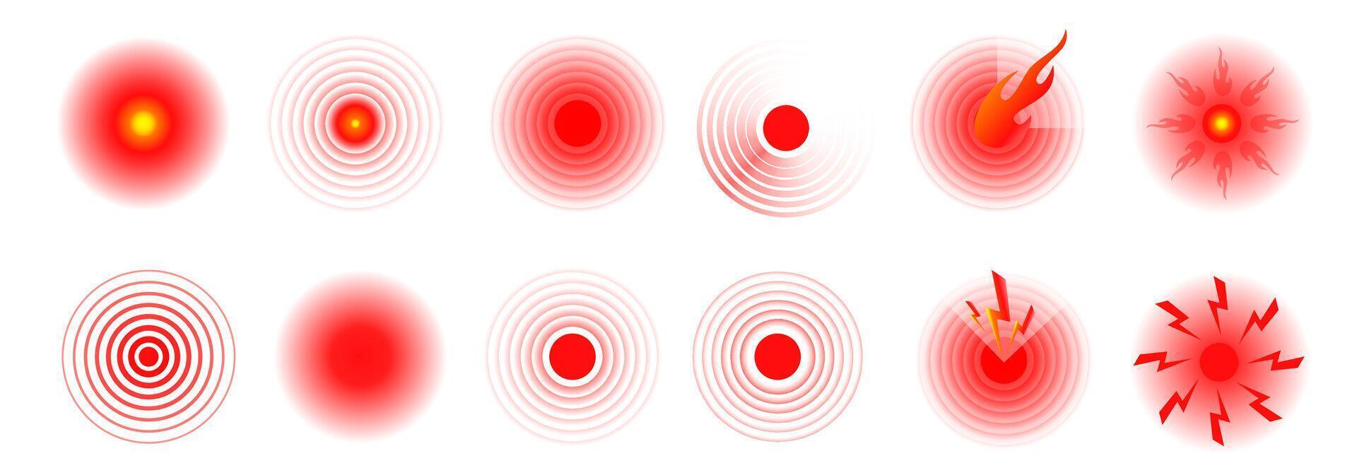 Set of Pain icons. Pain red circles isolated. Ache localization icons vector