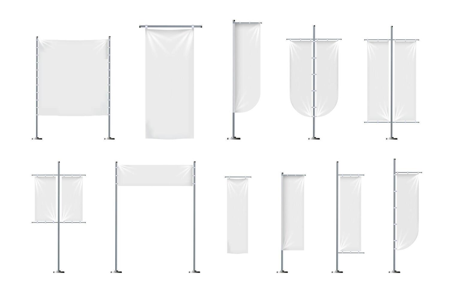 set of blank, textile banners or flags in various shapes, for brand promotion, marketing, advertisement isolated on background. Outdoor, portable pole with cloth, mockup for your design. vector