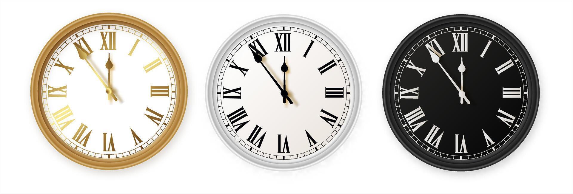 Gold, silver, black wall clocks vector