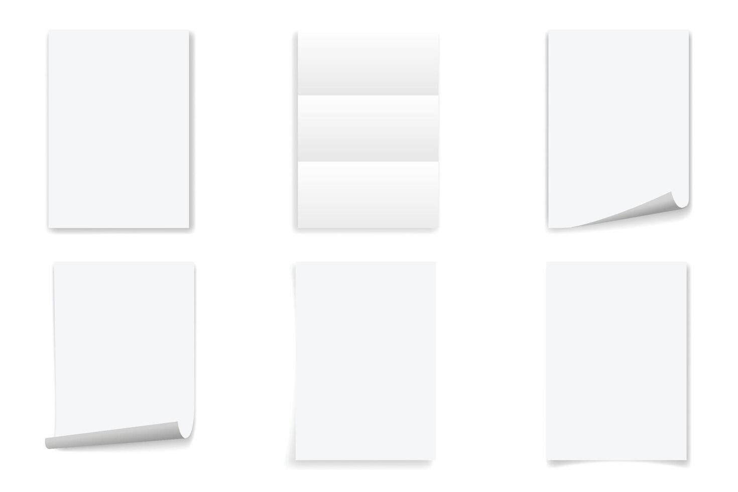 Set realistic empty white format A4 paper sheet opened, Blank paper sheet curled corner of with shadow vector