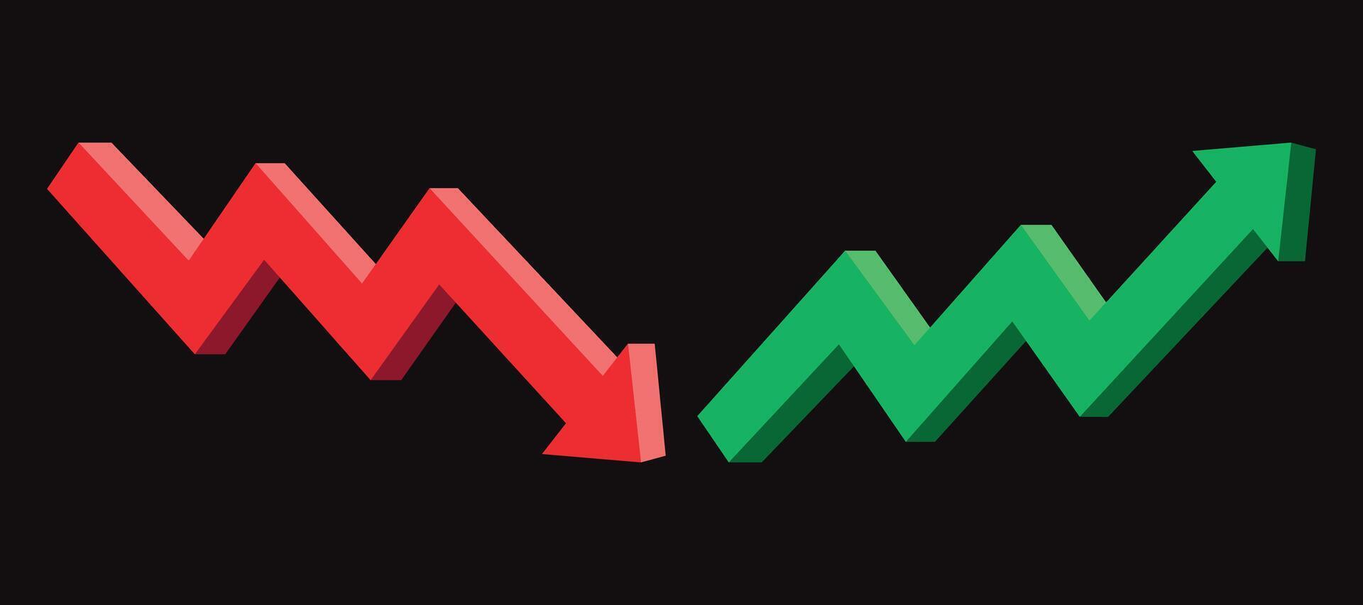3d arrow graph showing rising and descending trend, green up and red down, boosting of business result, decrease and growing investment profit symbol vector