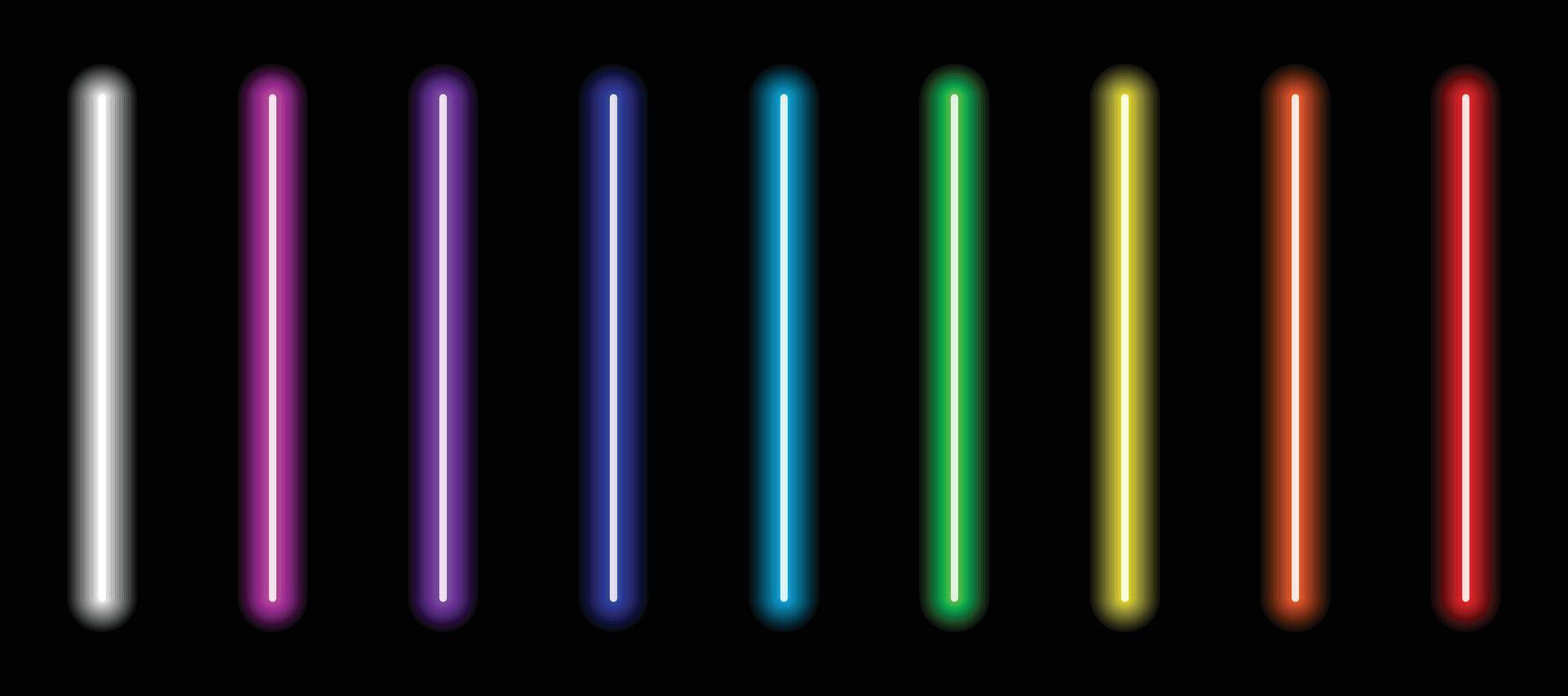 Luminous neon lines isolated, lights lines set with all colors, retro led neon lamp tube, glowing laser beams streaks on dark background vector