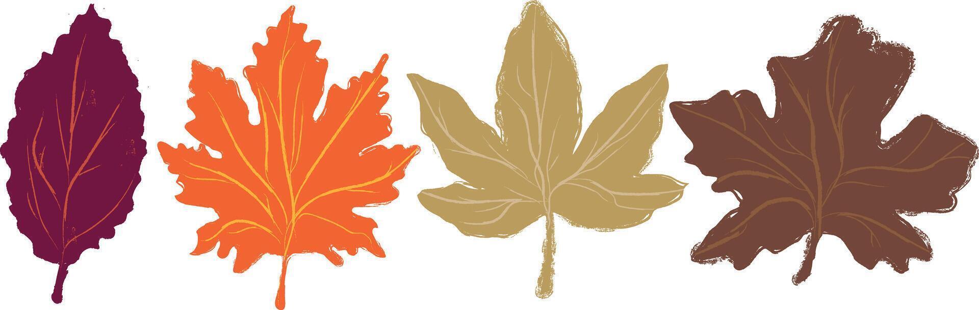 Handdrawn Retro Leaves with Pencil Texture and Grunge Overlay in warm Autumn Palette, perfect for Thanksgiving and Fall Decor. illustration vector