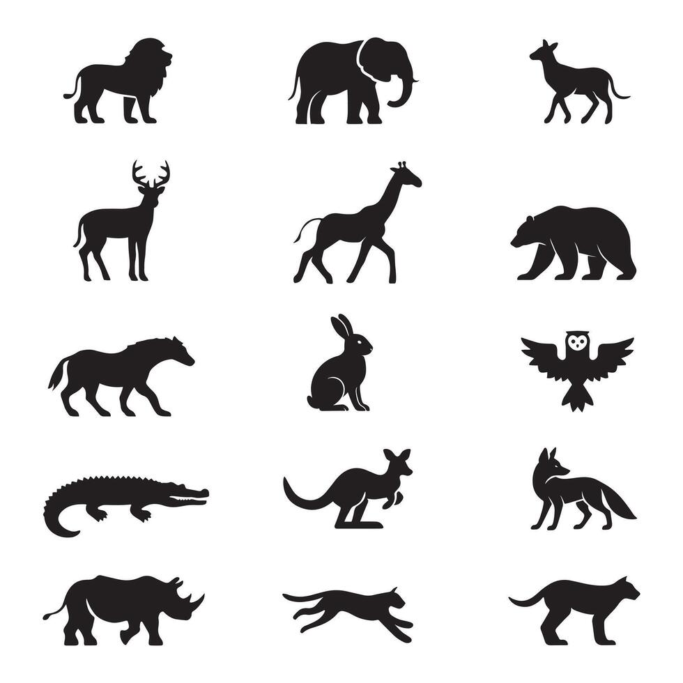 Wild Animal Silhouette Icon Set Wildlife Collection Isolated on White Background vector