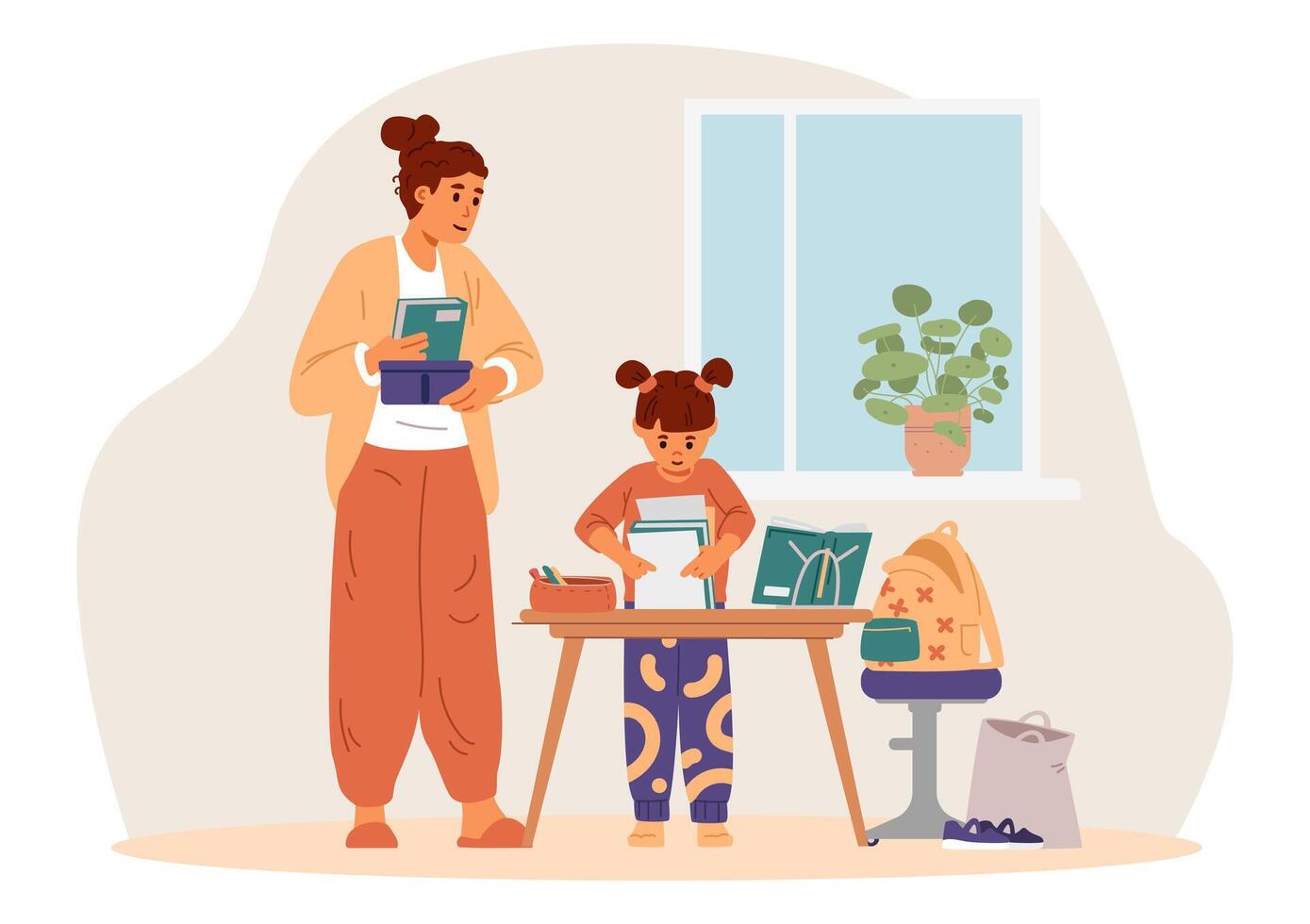 Mother and daughter organizing supplies vector