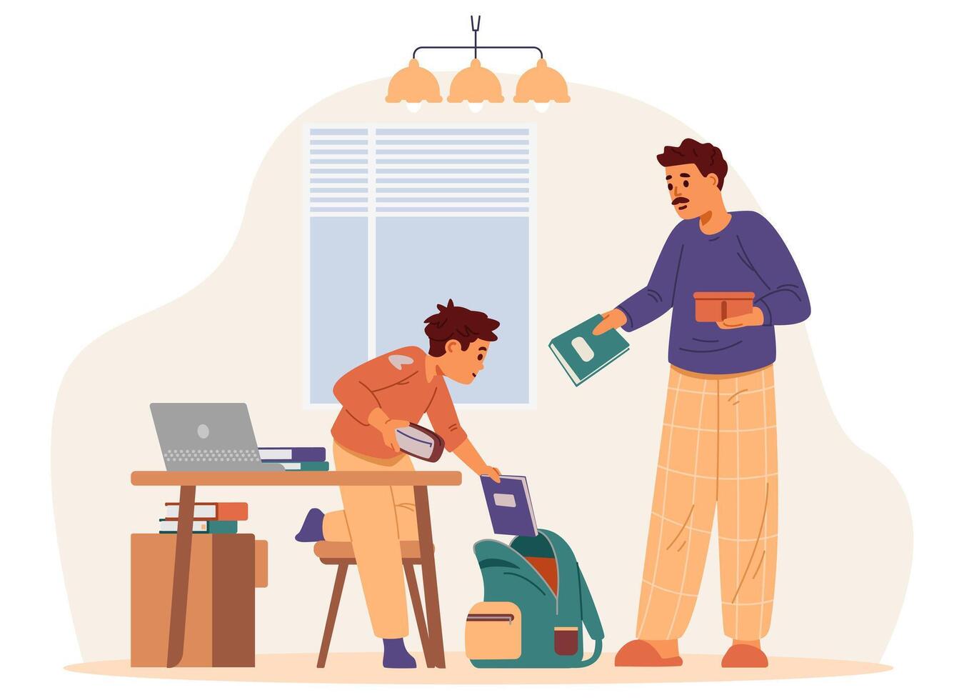Father and son packing books together vector