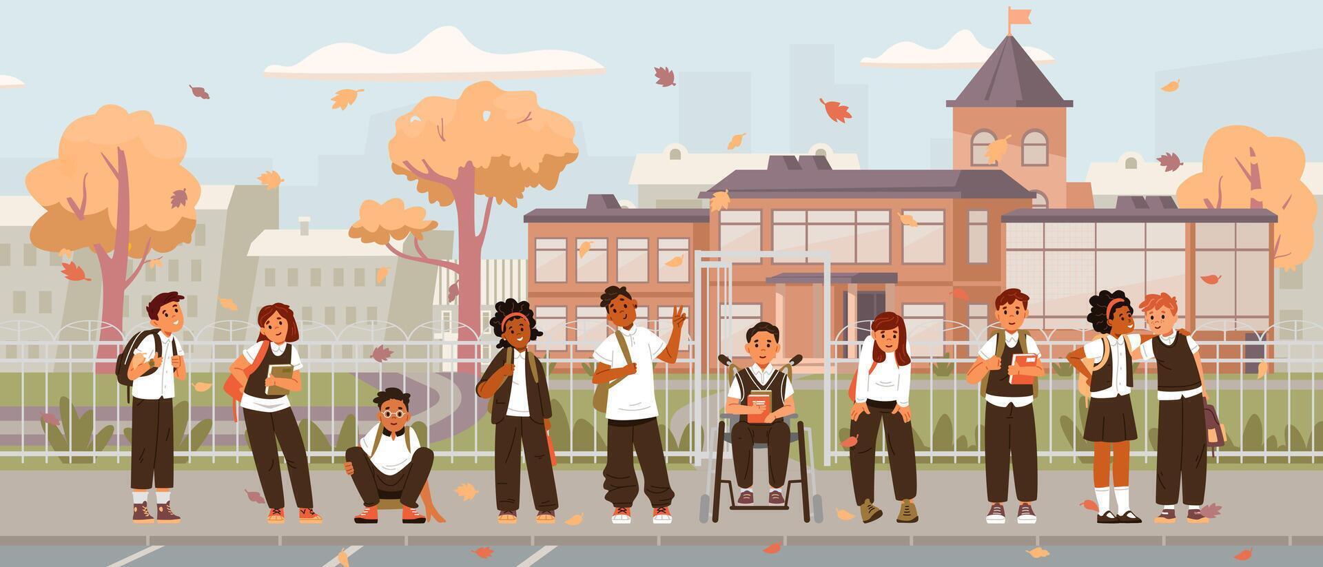Students at school during autumn season vector