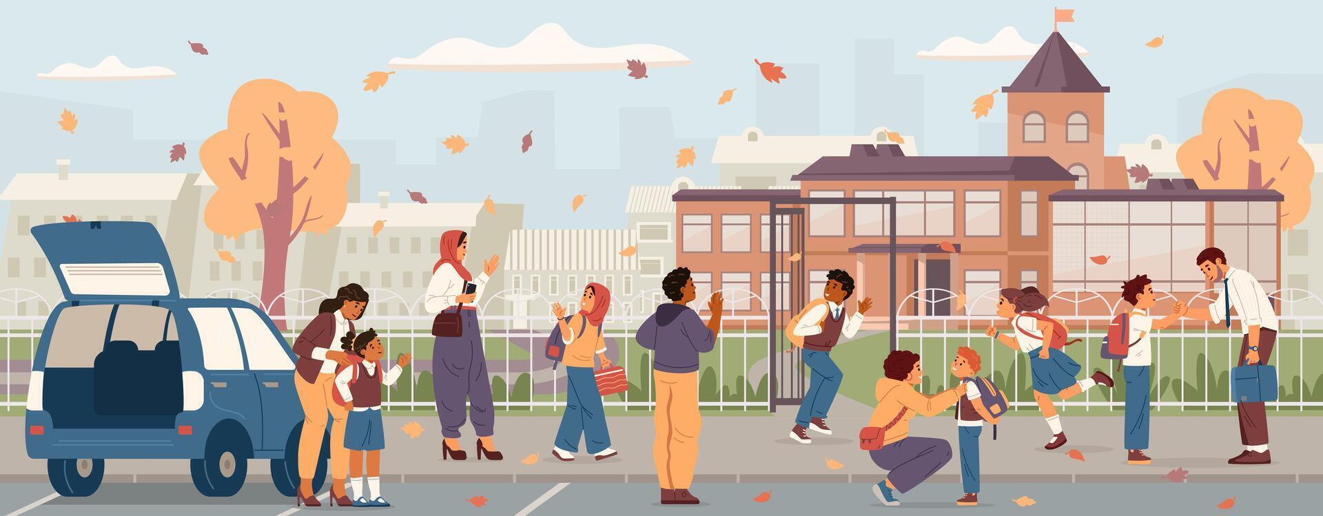 Autumn school drop-off with families vector
